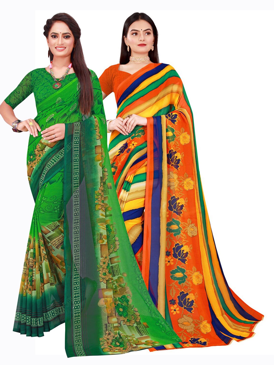 

KALINI Green & Yellow Set of 2 Floral Printed Georgette Saree