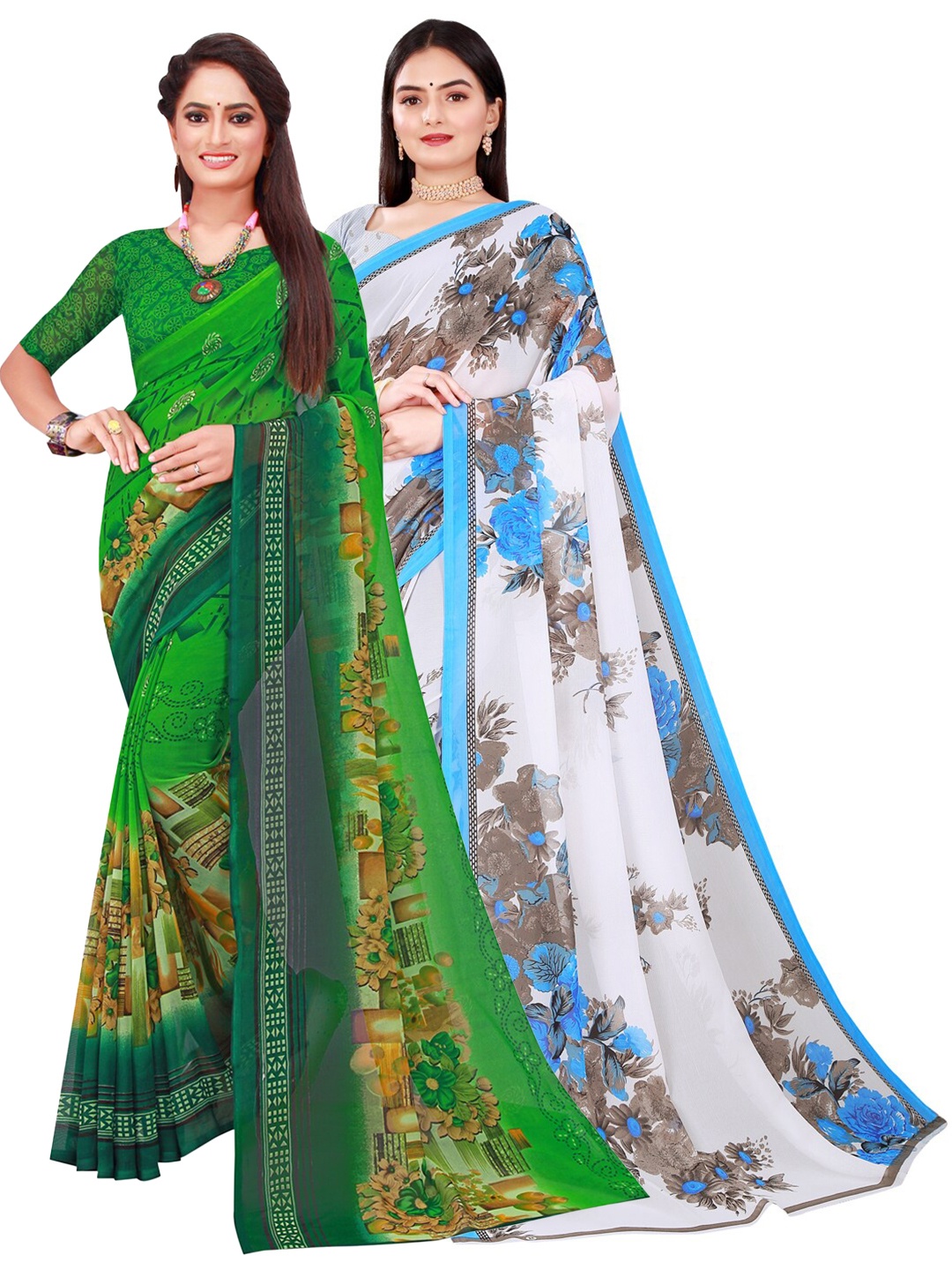 

KALINI Green & White Floral Printed Pure Georgette Saree Pack Of 2