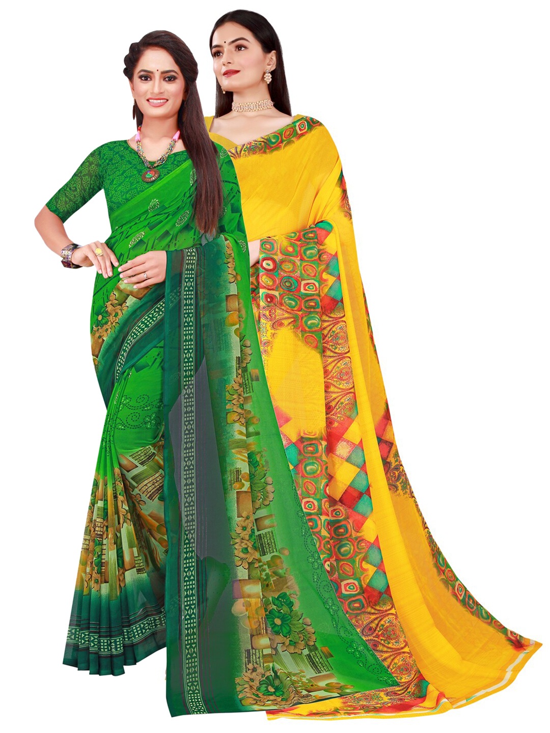 

KALINI Pack Of 2 Green & Yellow Floral Pure Georgette Saree