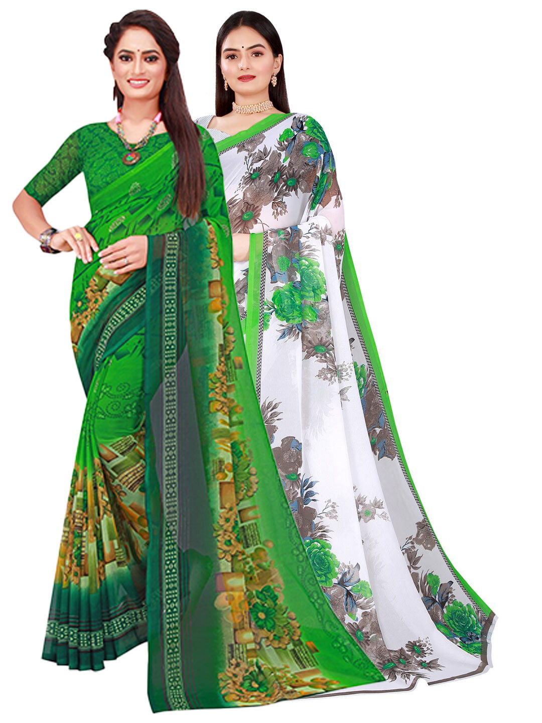

KALINI Green & White Printed Pure Georgette Saree