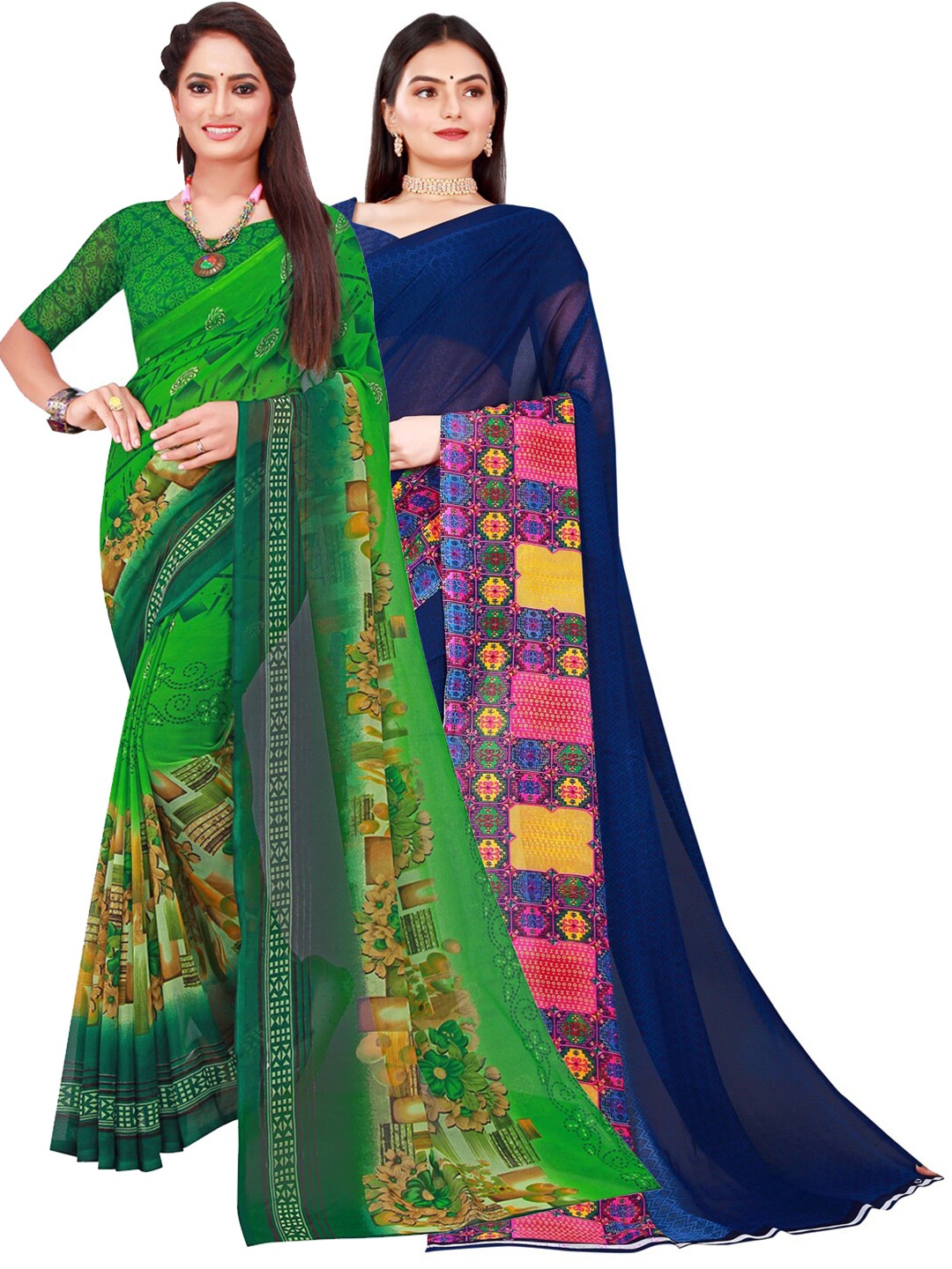 

KALINI Pack of 2 Green & Blue Floral Pure Georgette Sarees