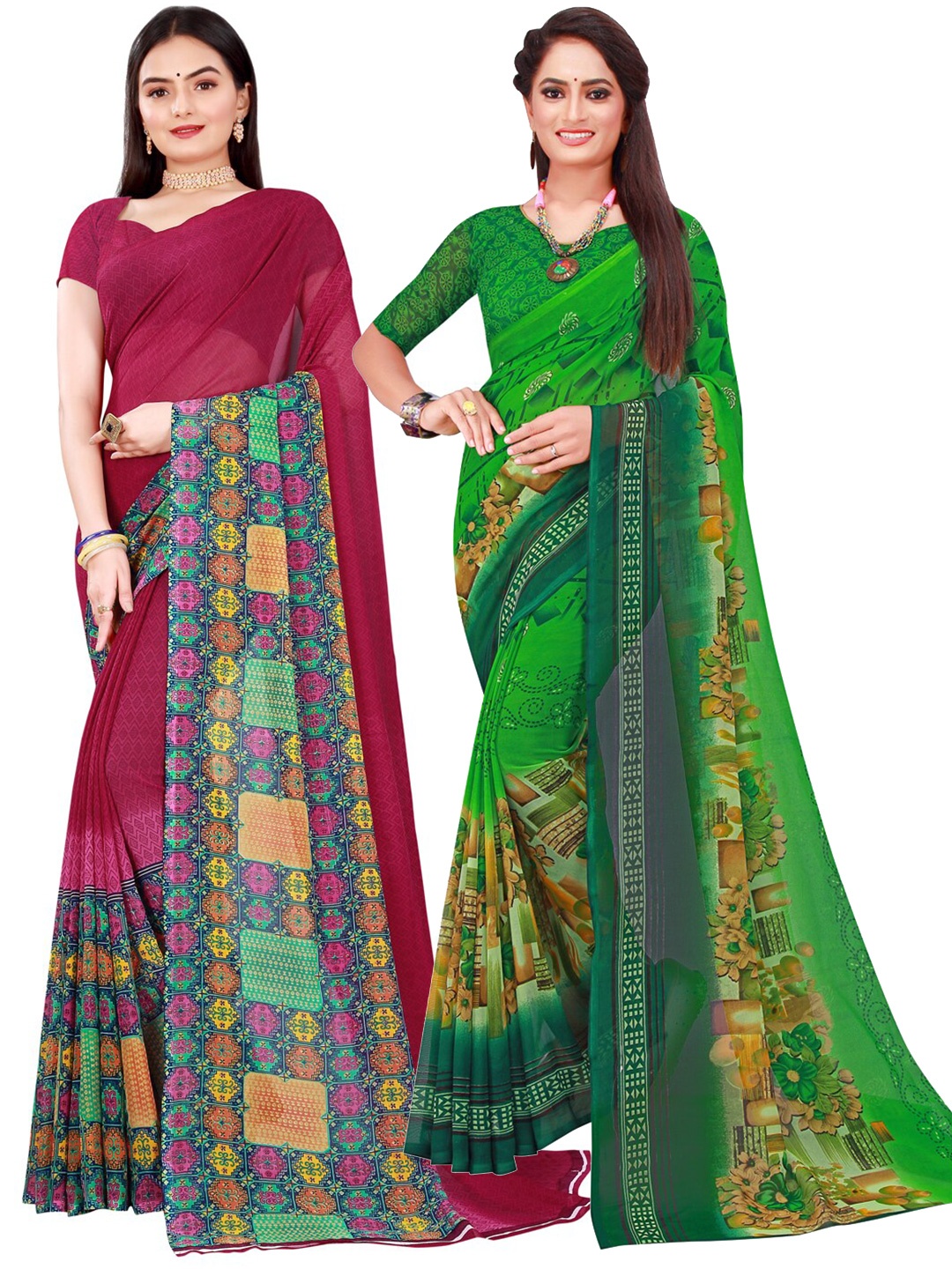 

KALINI Set Of 2 Green & Purple Floral Pure Georgette Saree