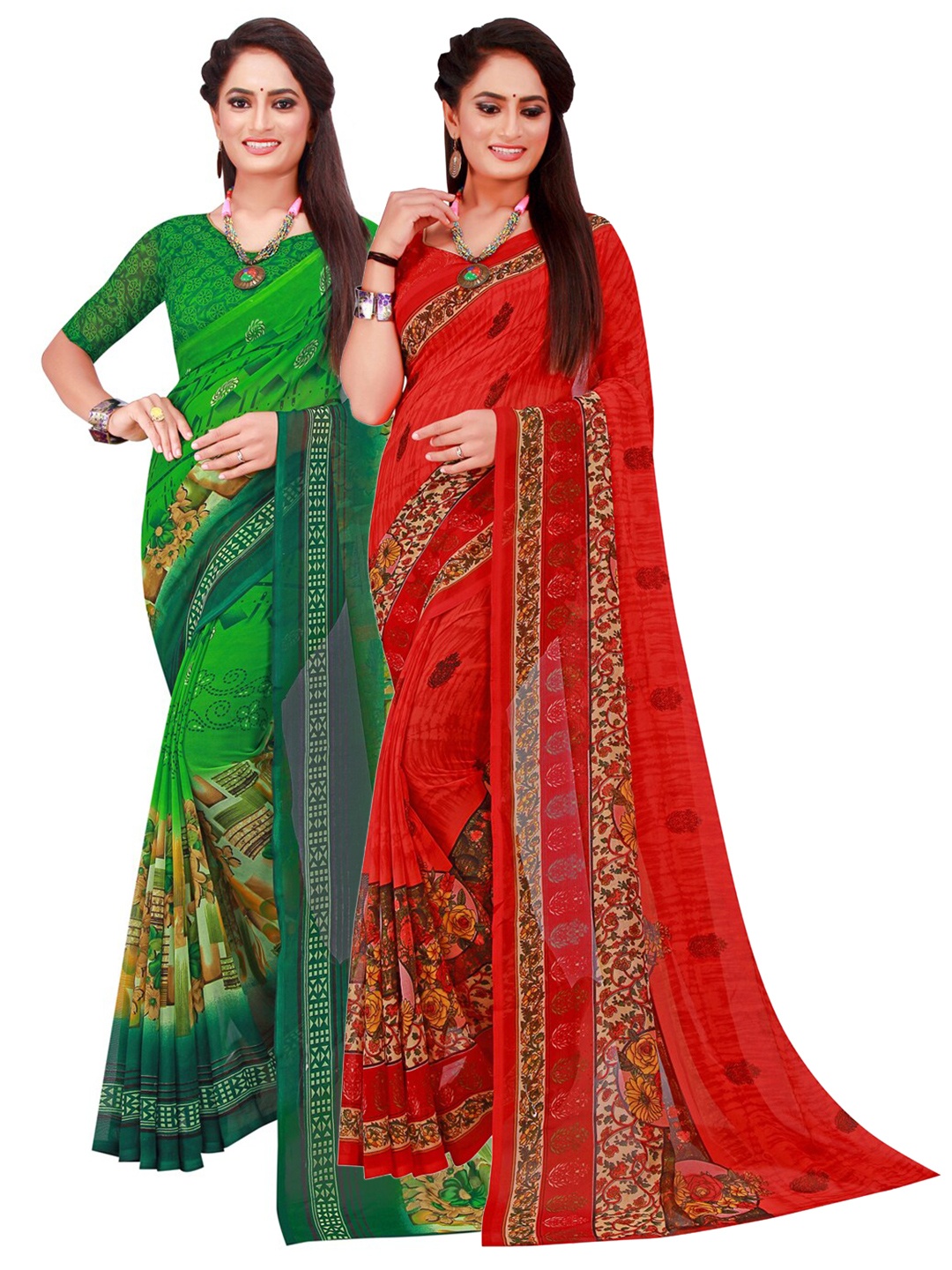 

KALINI Green & Red Set of 2 Floral Printed Georgette Saree