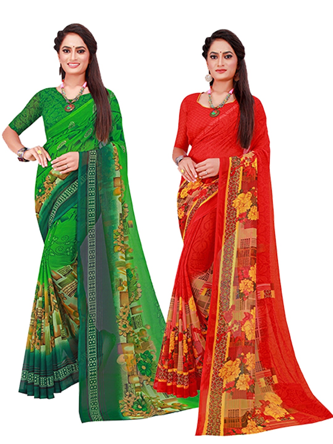 

KALINI Pack of 2 Green & Pink Pure Georgette Sarees