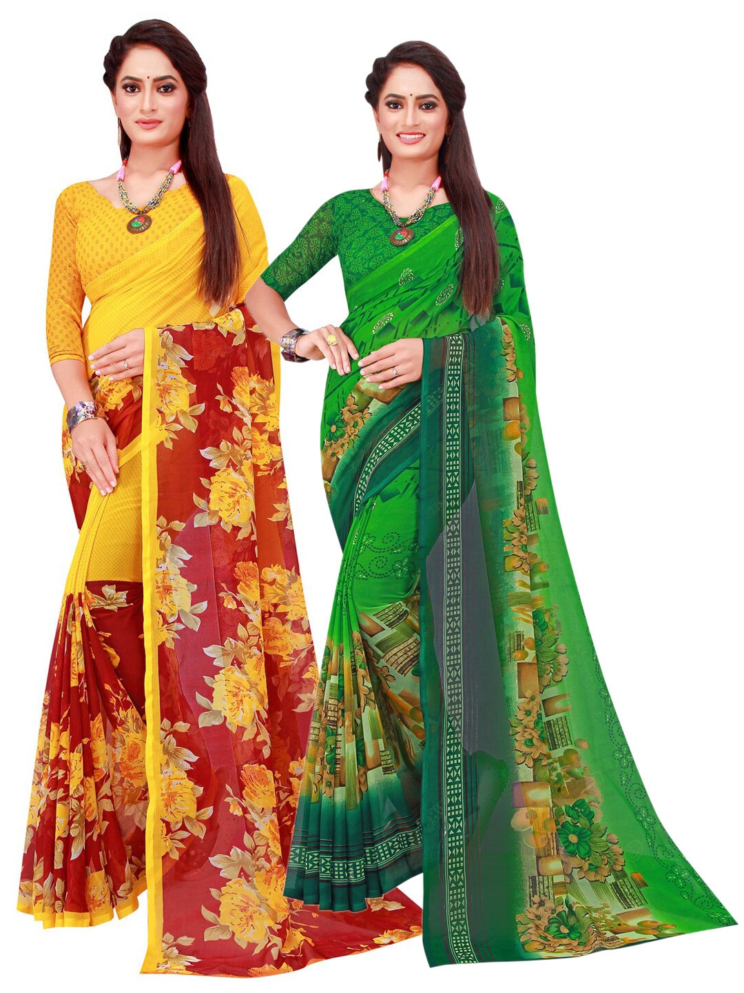 

KALINI Pack Of 2 Green & Yellow Floral Pure Georgette Saree