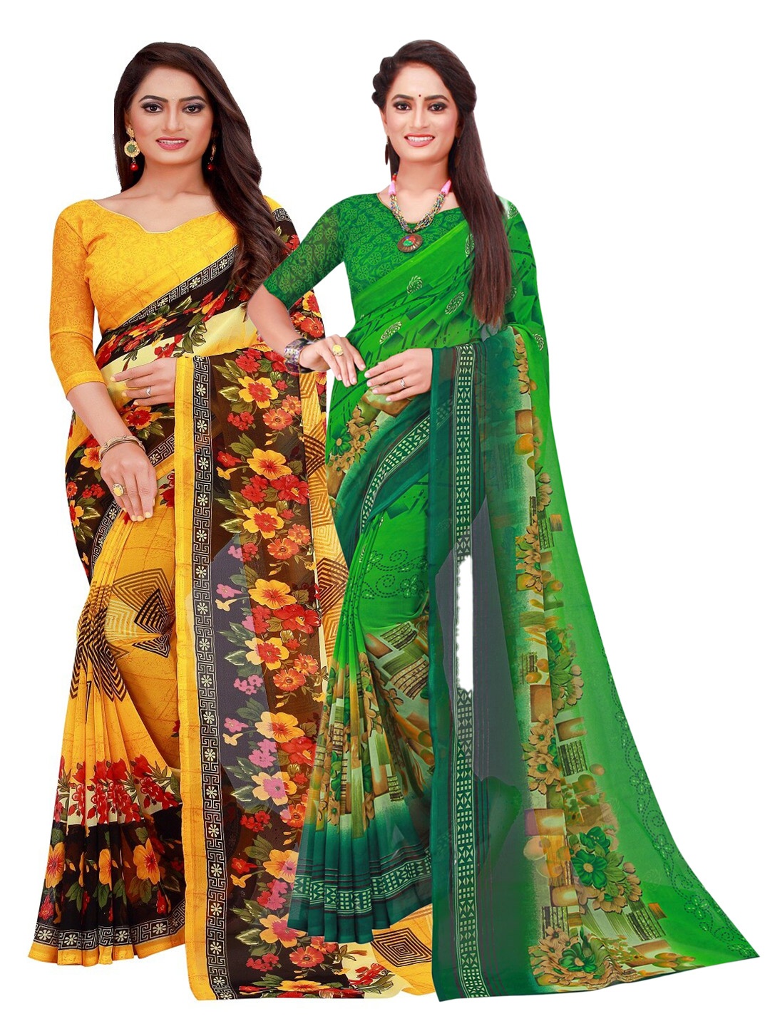 

KALINI Pack Of 2 Green & Yellow Pure Georgette Saree