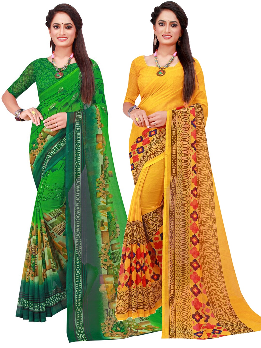 

KALINI Set Of 2 Green & Yellow Floral Pure Georgette Saree