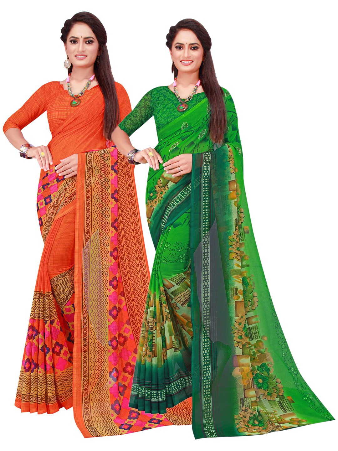 

KALINI Pack of 2 Green & Orange Floral Pure Georgette Sarees