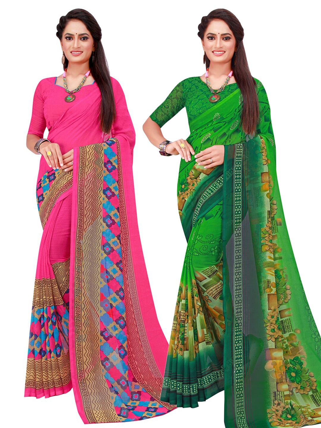 

KALINI Green & Pink Set of 2 Floral Printed Georgette Saree