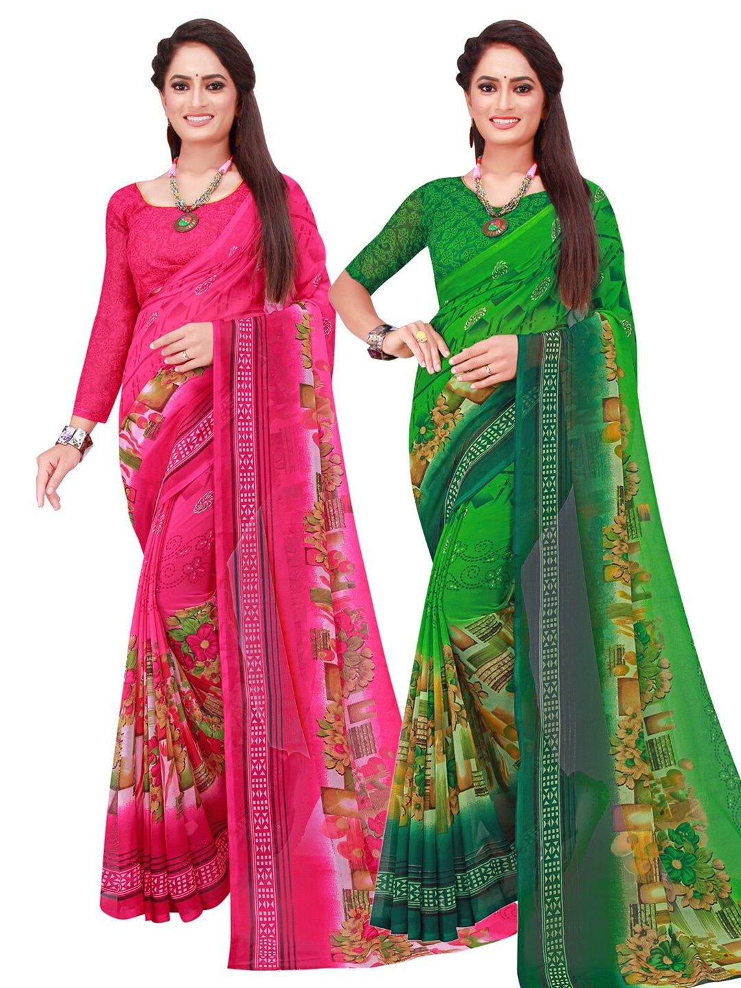 

KALINI Green & Pink Printed Pure Georgette Saree