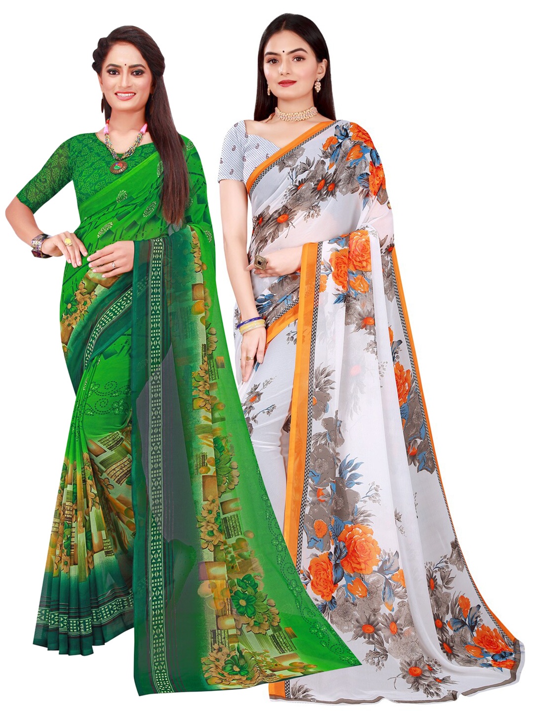 KALINI Green & White Floral Printed Pure Georgette Saree Pack Of 2