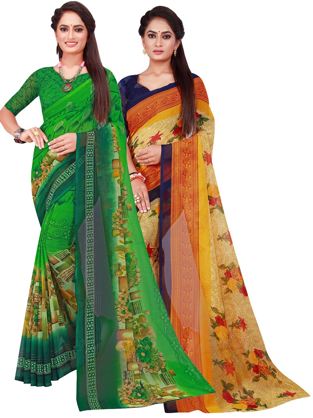 

KALINI Green & Yellow Set of 2 Floral Printed Georgette Saree