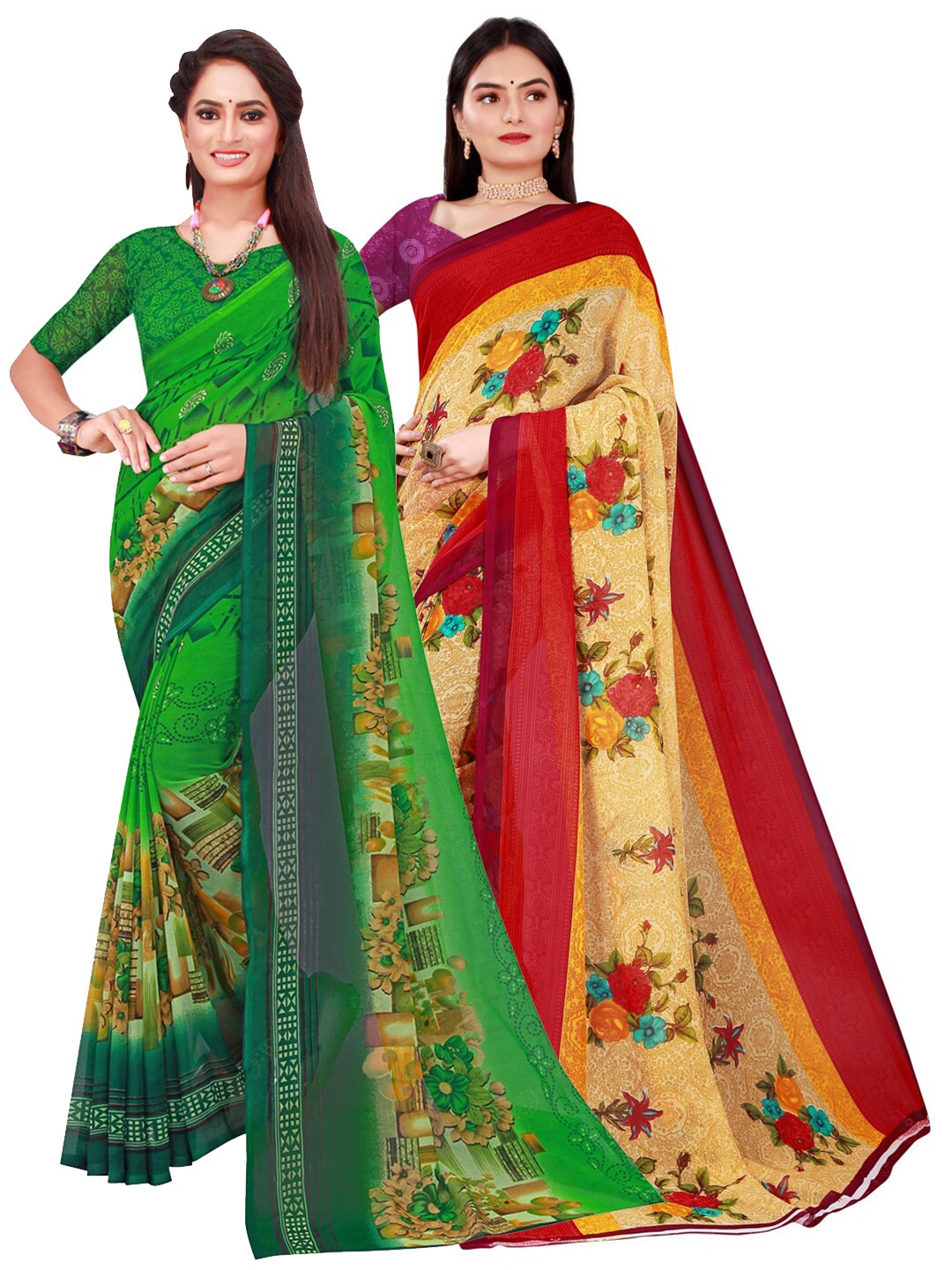

KALINI Pack of 2 Green & Red Floral Pure Georgette Sarees