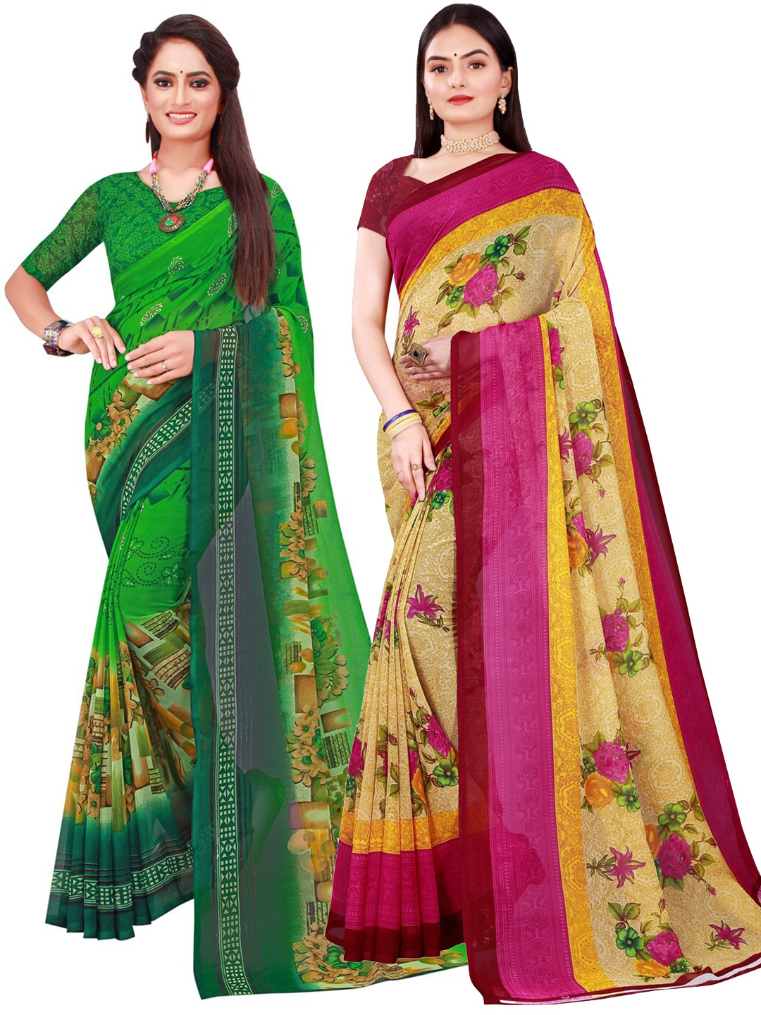 

KALINI Green & Beige Floral Printed Pure Georgette Saree Pack Of 2