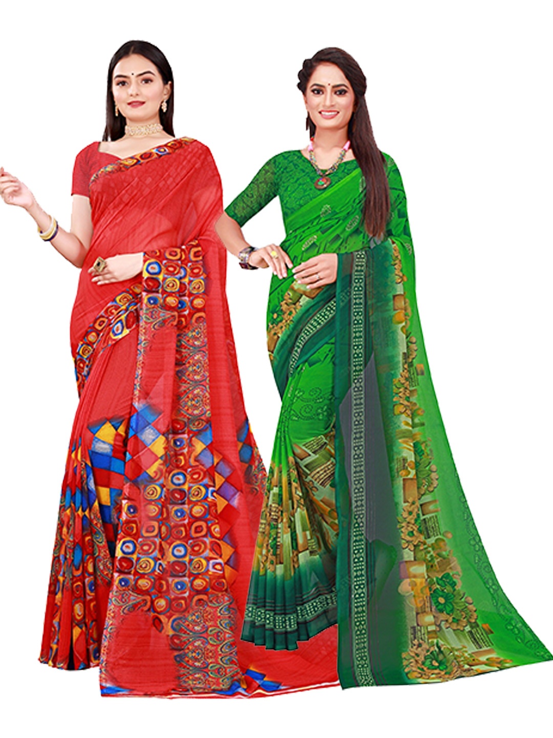 

KALINI Pack Of 2 Green & Red Floral Pure Georgette Saree