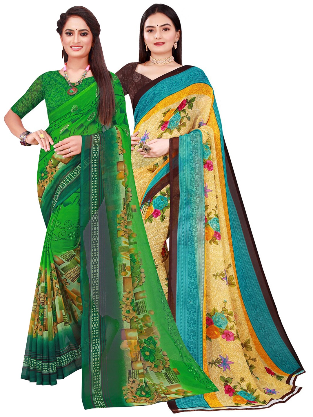 KALINI Set Of 2 Green & Beige Floral Pure Georgette Saree