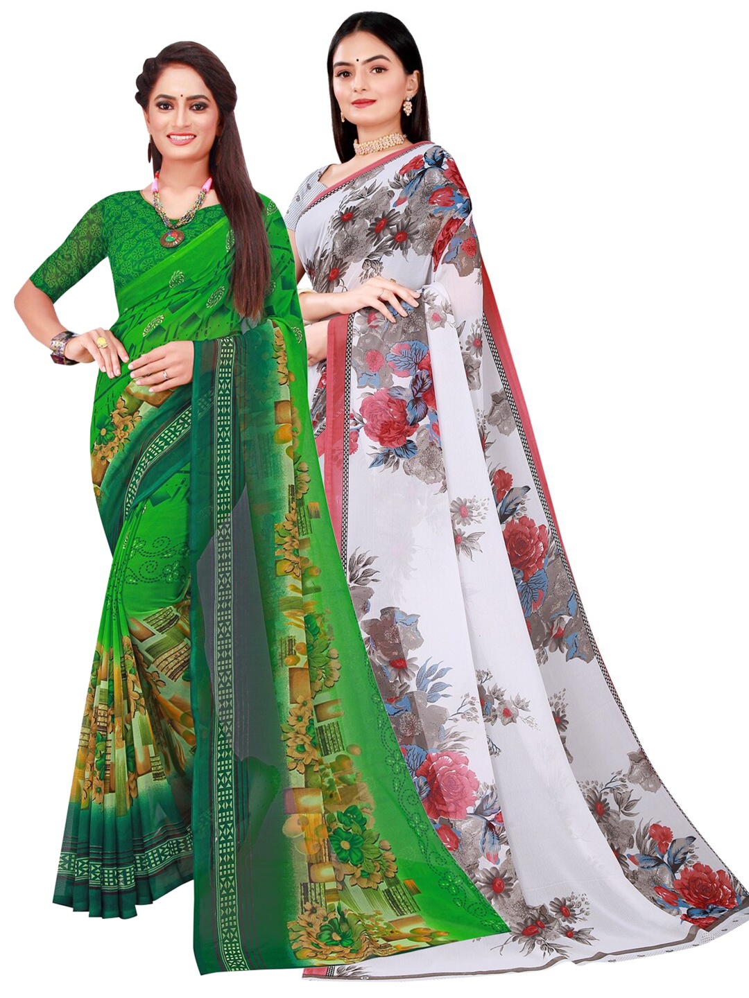 

KALINI Pack of 2 Green & White Floral Pure Georgette Sarees