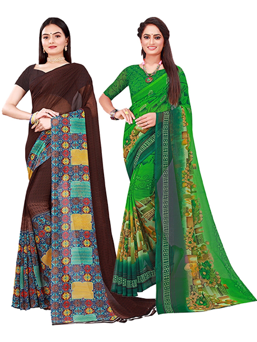 

KALINI Green & Navy Blue Set of 2 Floral Printed Georgette Saree