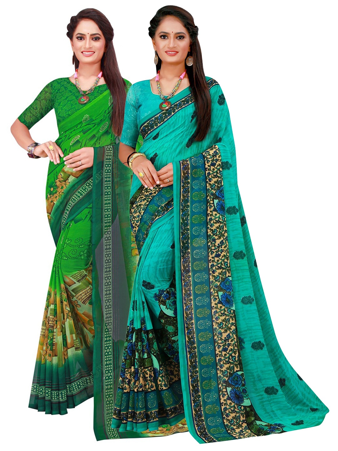 

KALINI Green & Blue Printed Pure Georgette Saree