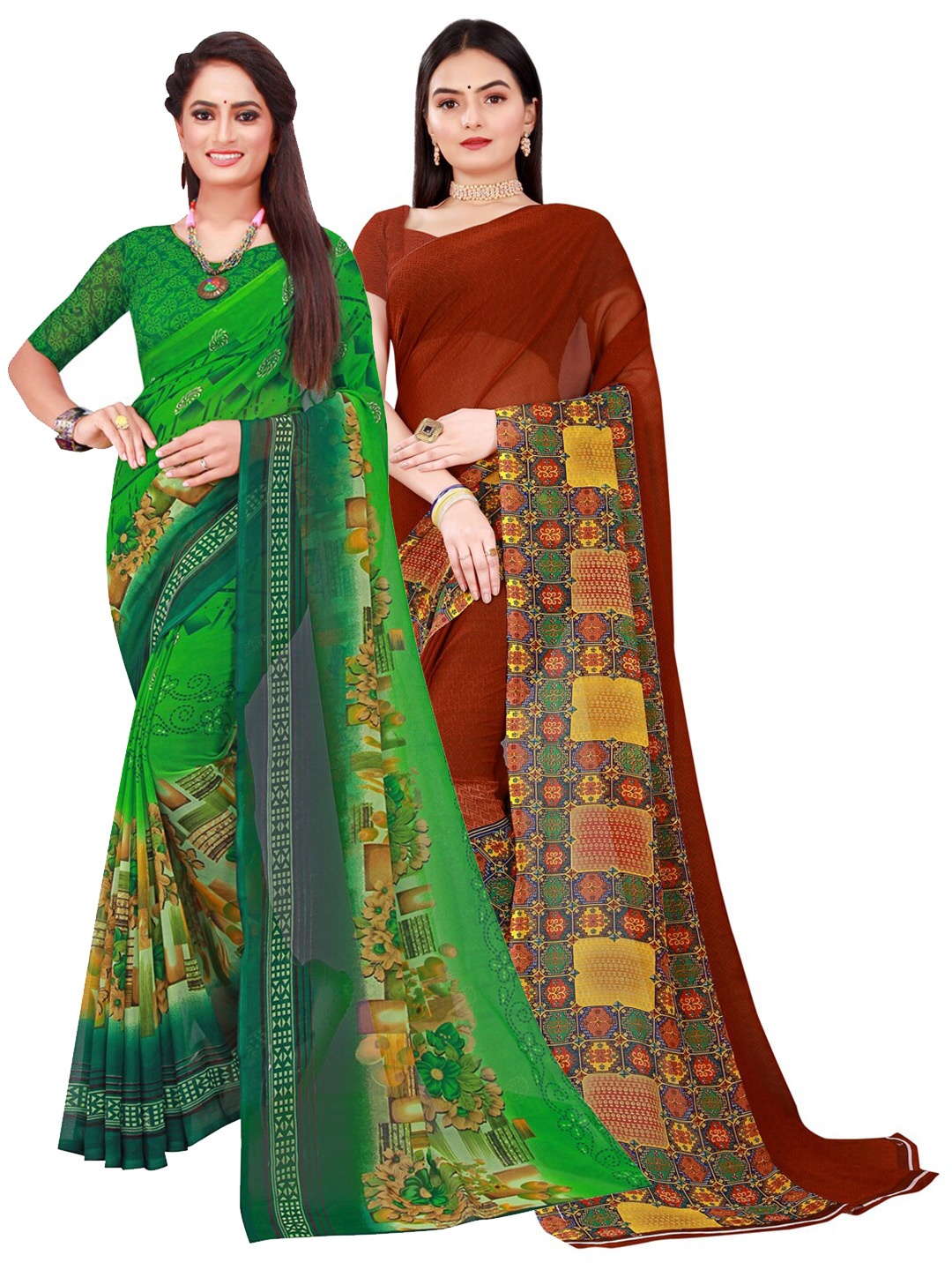 

KALINI Pack Of 2 Green & Maroon Floral Pure Georgette Saree