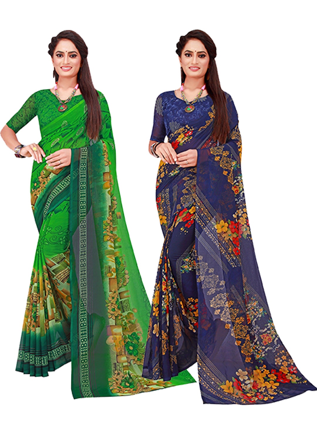 

KALINI Pack Of 2 Green & Blue Pure Georgette Saree