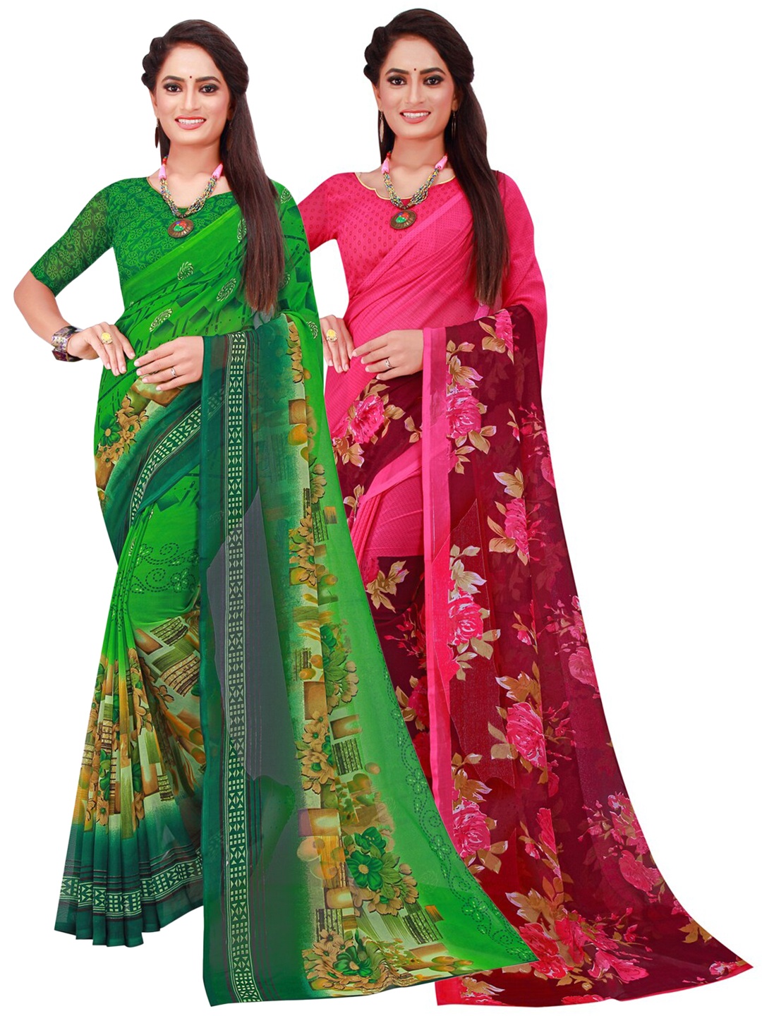 

KALINI Green & Pink Printed Pure Georgette Saree Pack Of 2