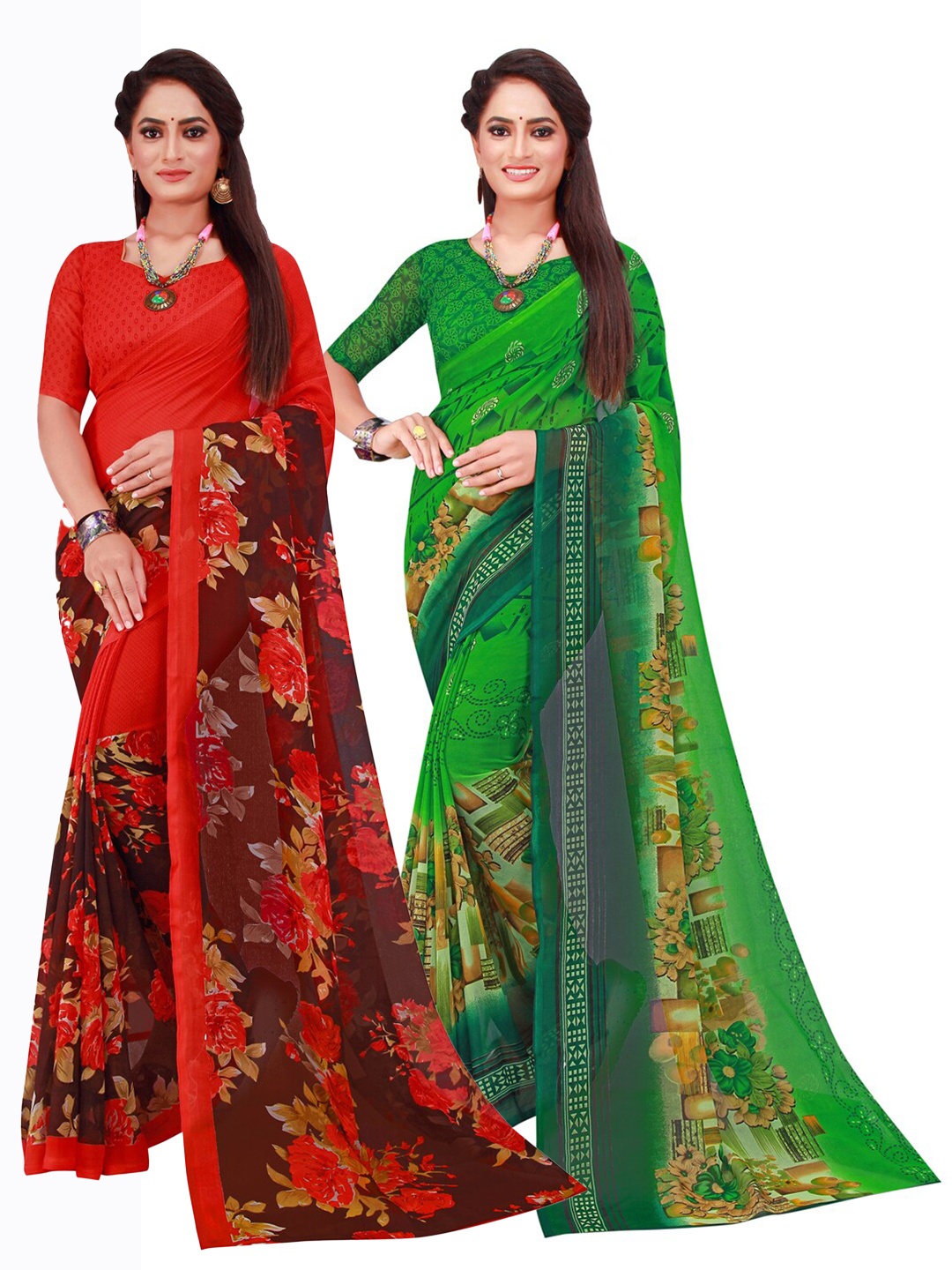 

KALINI Pack of 2 Green & Red Floral Pure Georgette Sarees