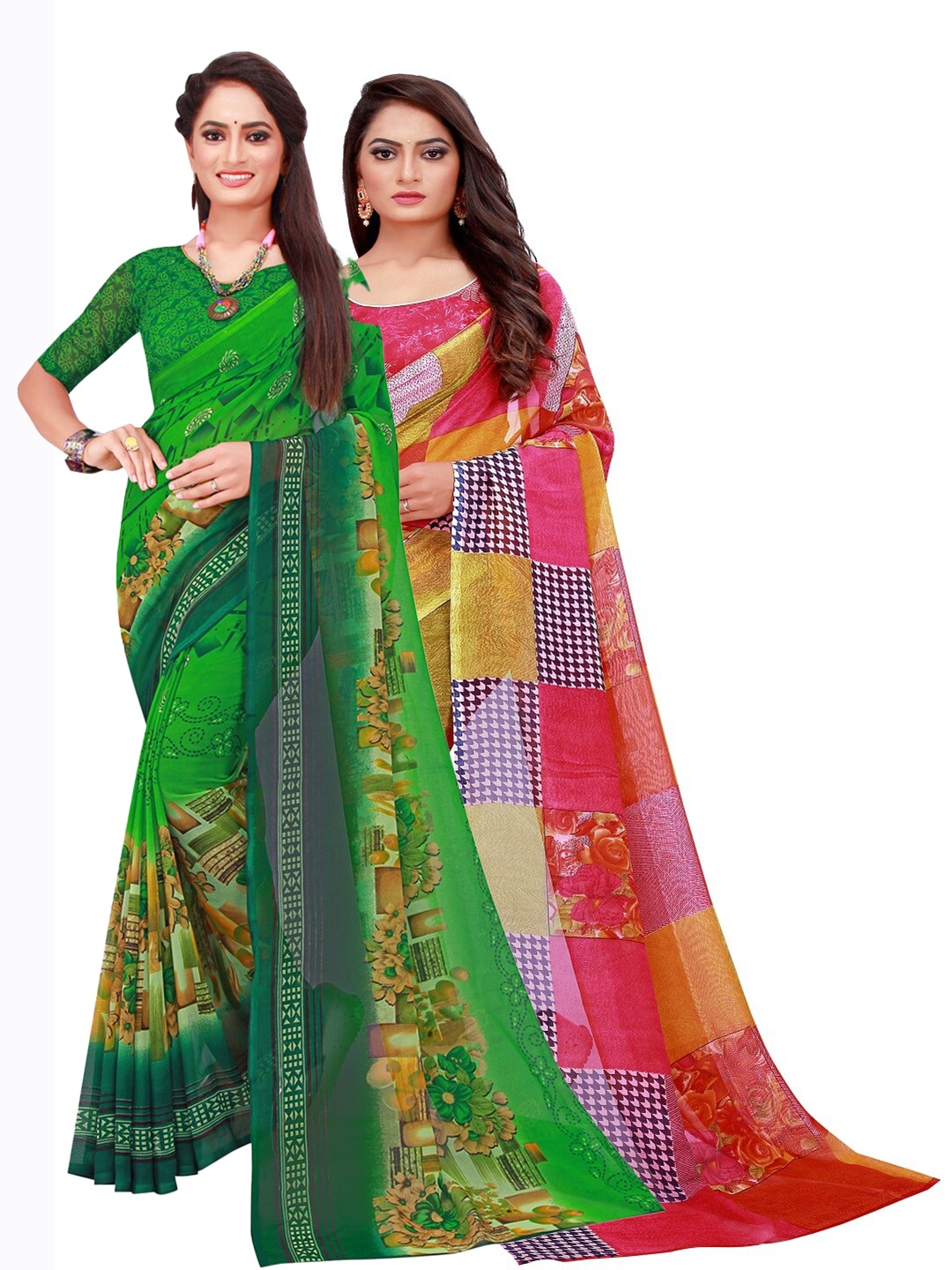 

KALINI Green & Red Printed Pure Georgette Saree