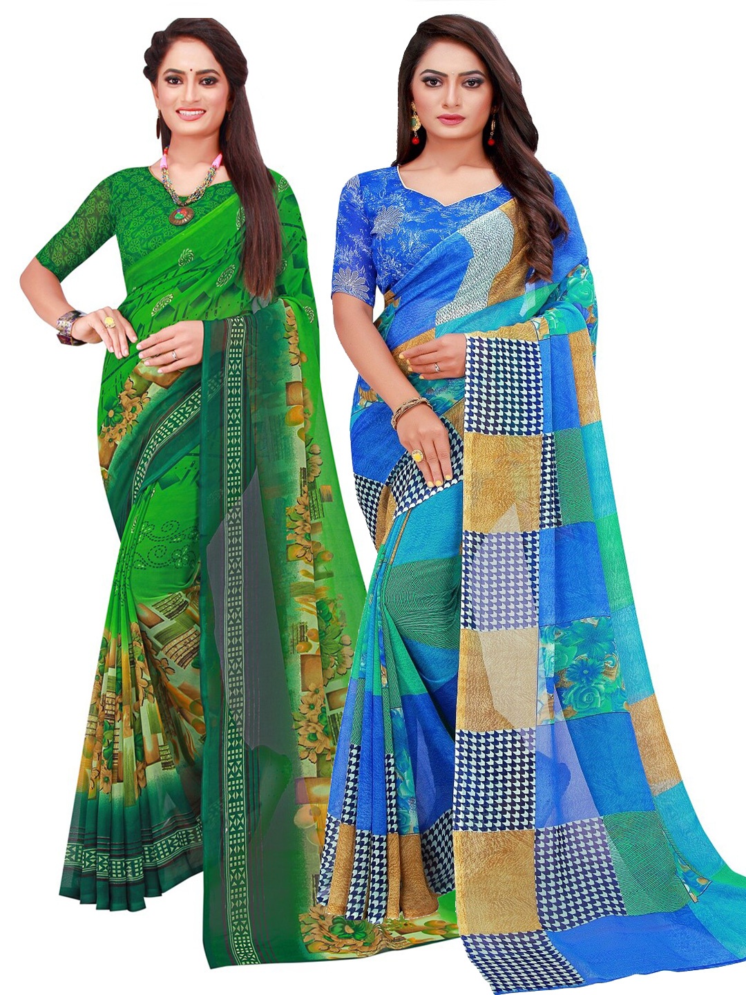 

KALINI Pack Of 2 Green & Blue Floral Pure Georgette Saree