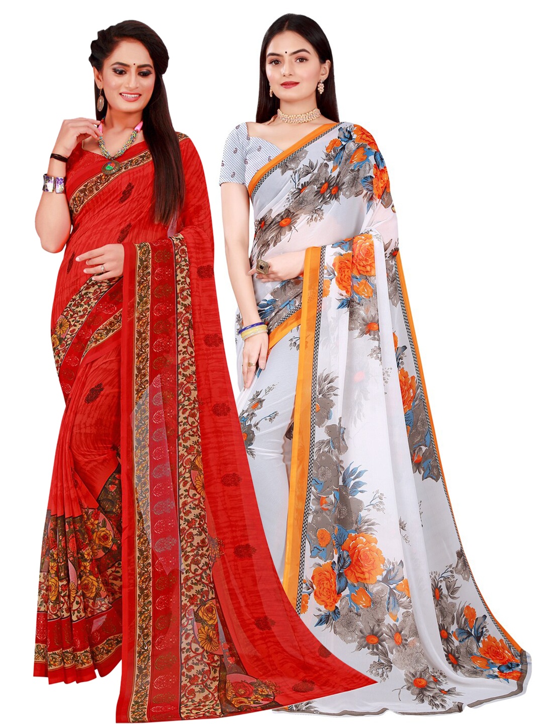 

KALINI Set Of 2 Red & White Floral Pure Georgette Saree