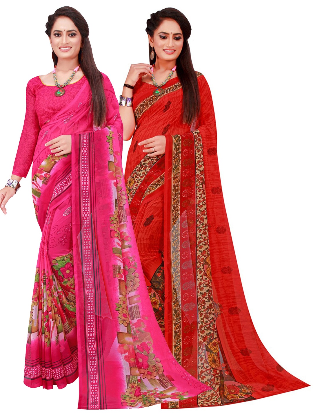 KALINI Red & Green Set of 2 Floral Printed Georgette Saree