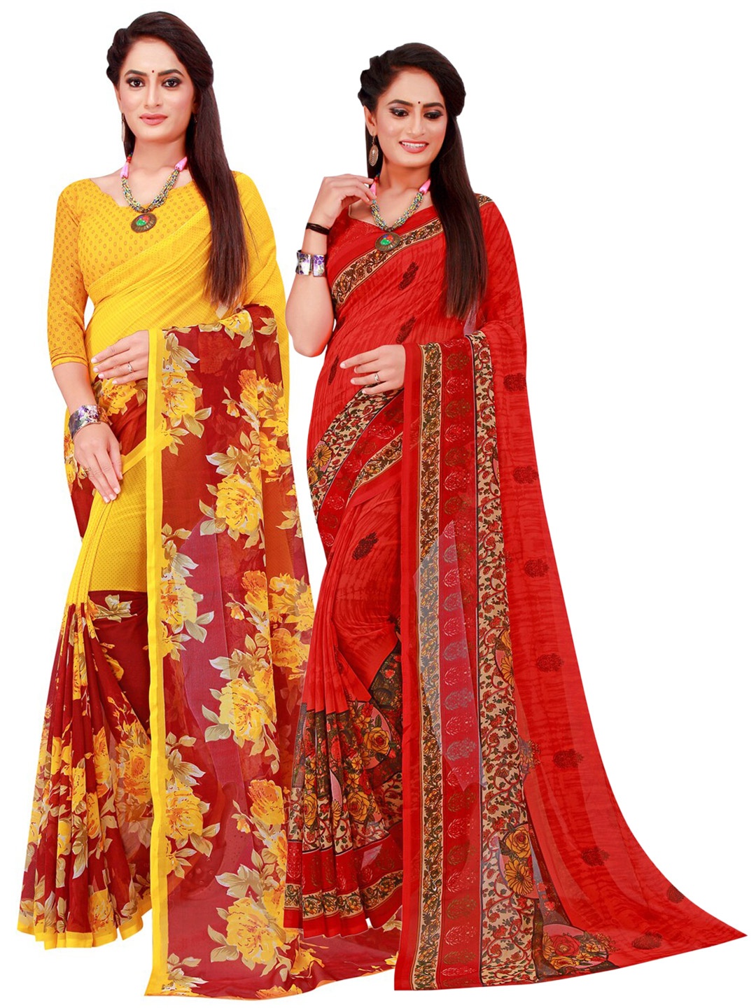 

KALINI Pack Of 2 Red & Yellow Floral Pure Georgette Saree