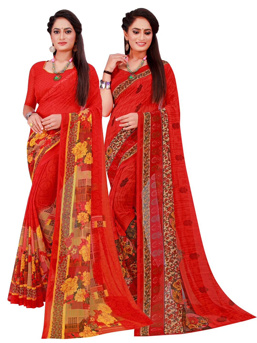 

KALINI Red & Yellow Set Of 2 Floral Pure Georgette Saree