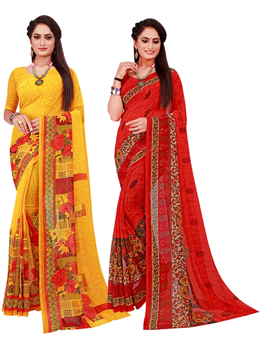 

KALINI Yellow & Red Floral Printed Pure Georgette Saree Pack Of 2