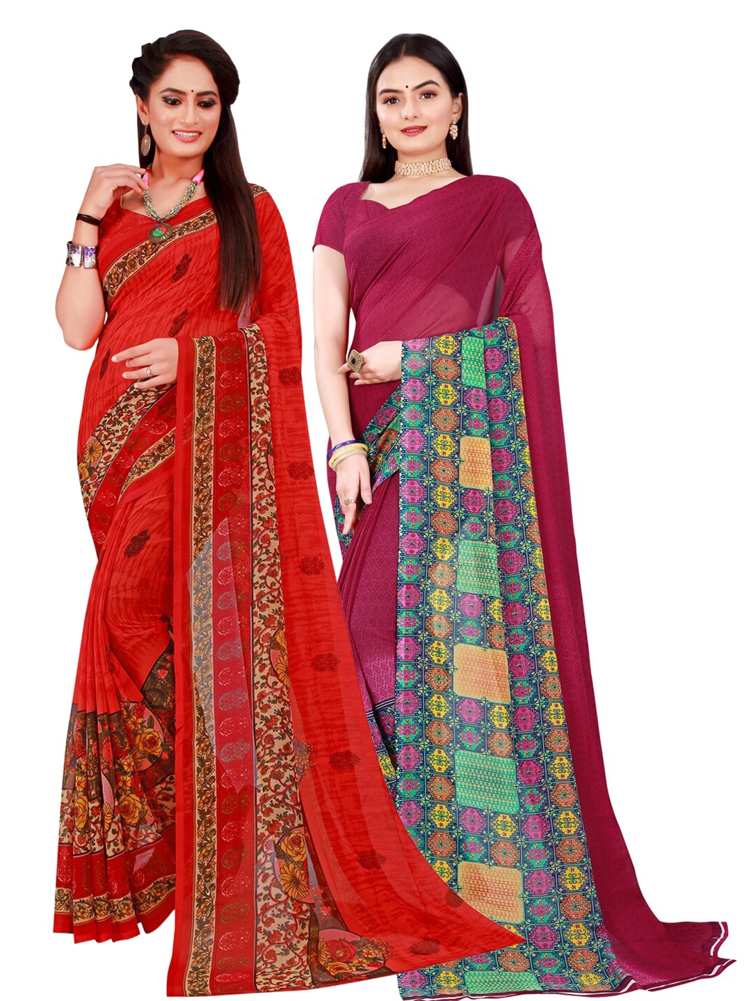 

KALINI Red & Maroon Printed Pure Georgette Saree