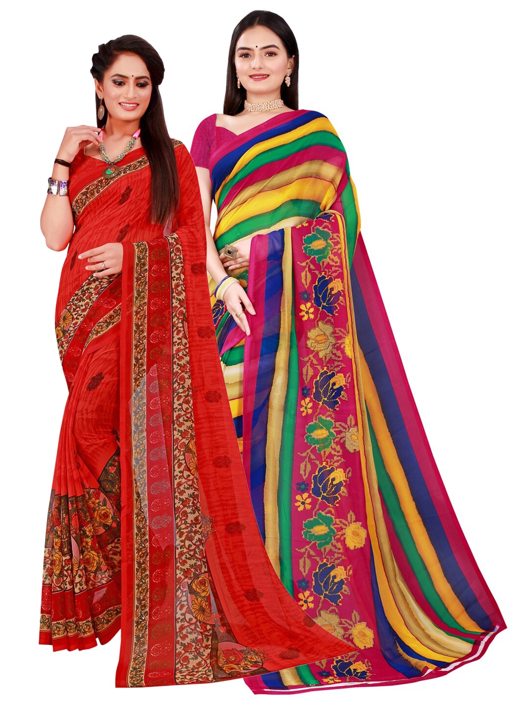 

KALINI Pack of 2 Red & Blue Pure Georgette Sarees