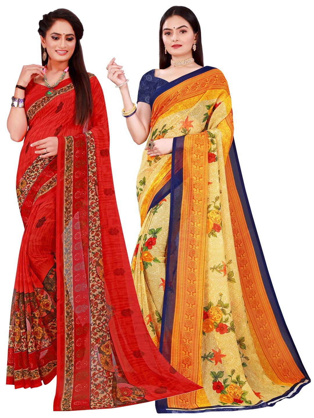 

KALINI Set Of 2 Beige & Red Floral Pure Georgette Saree