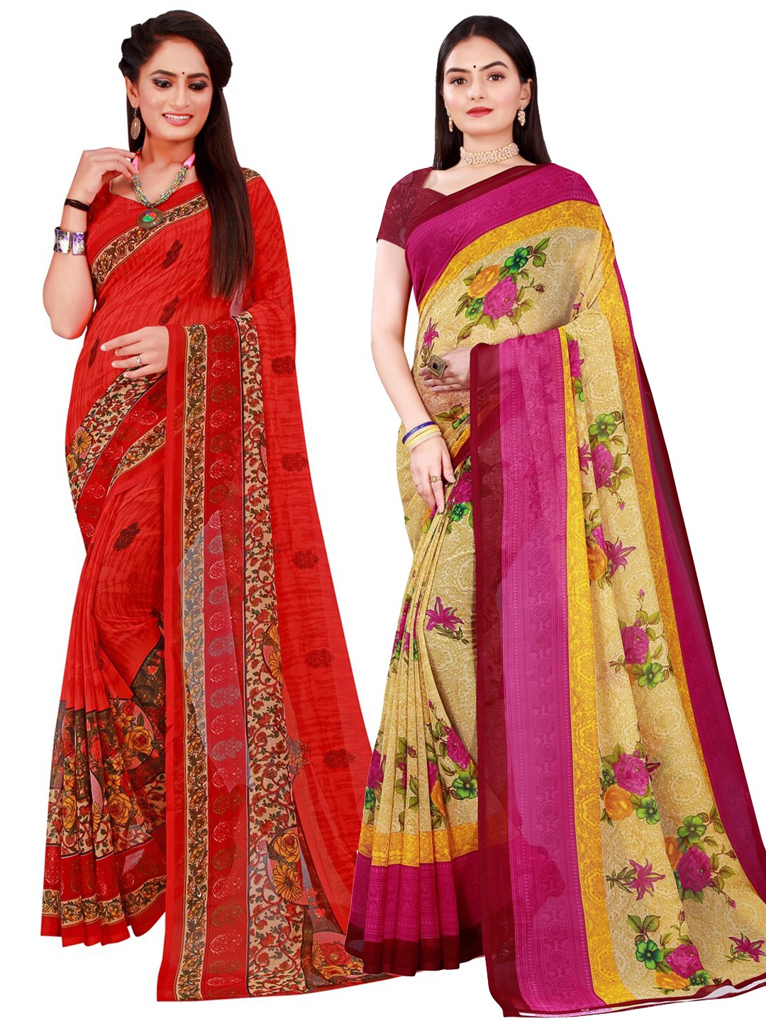 

KALINI Pack Of 2 Beige & Red Floral Pure Georgette Saree