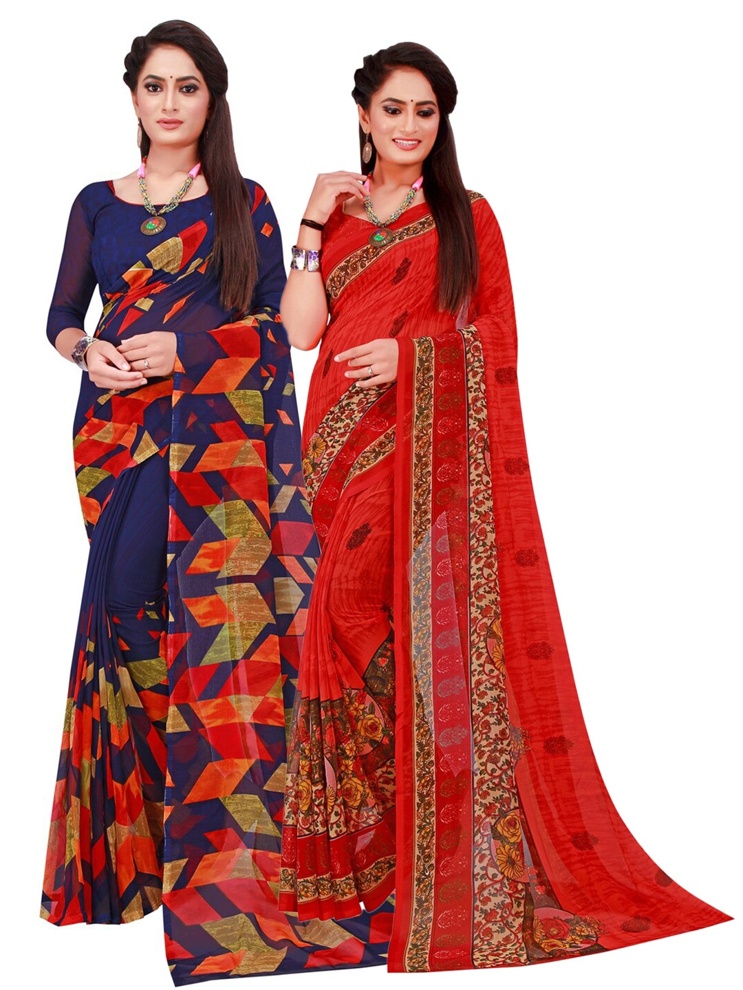 

KALINI Pack of 2 Navy Blue & Red Floral Pure Georgette Sarees