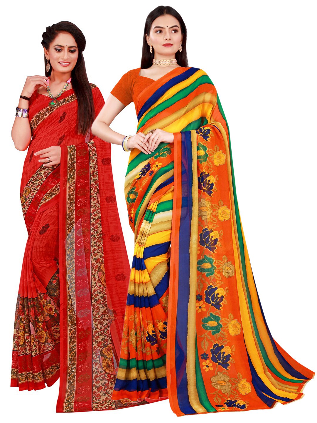 

KALINI Red & Yellow Printed Pure Georgette Saree
