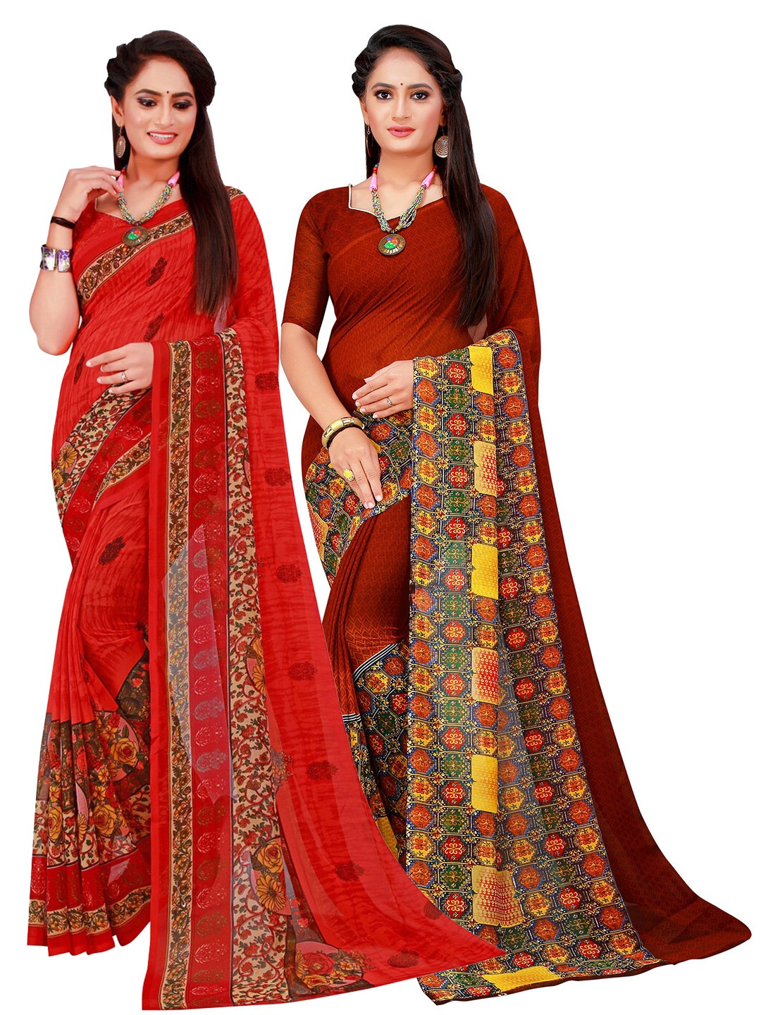 

KALINI Set Of 2 Red & Maroon Floral Pure Georgette Saree