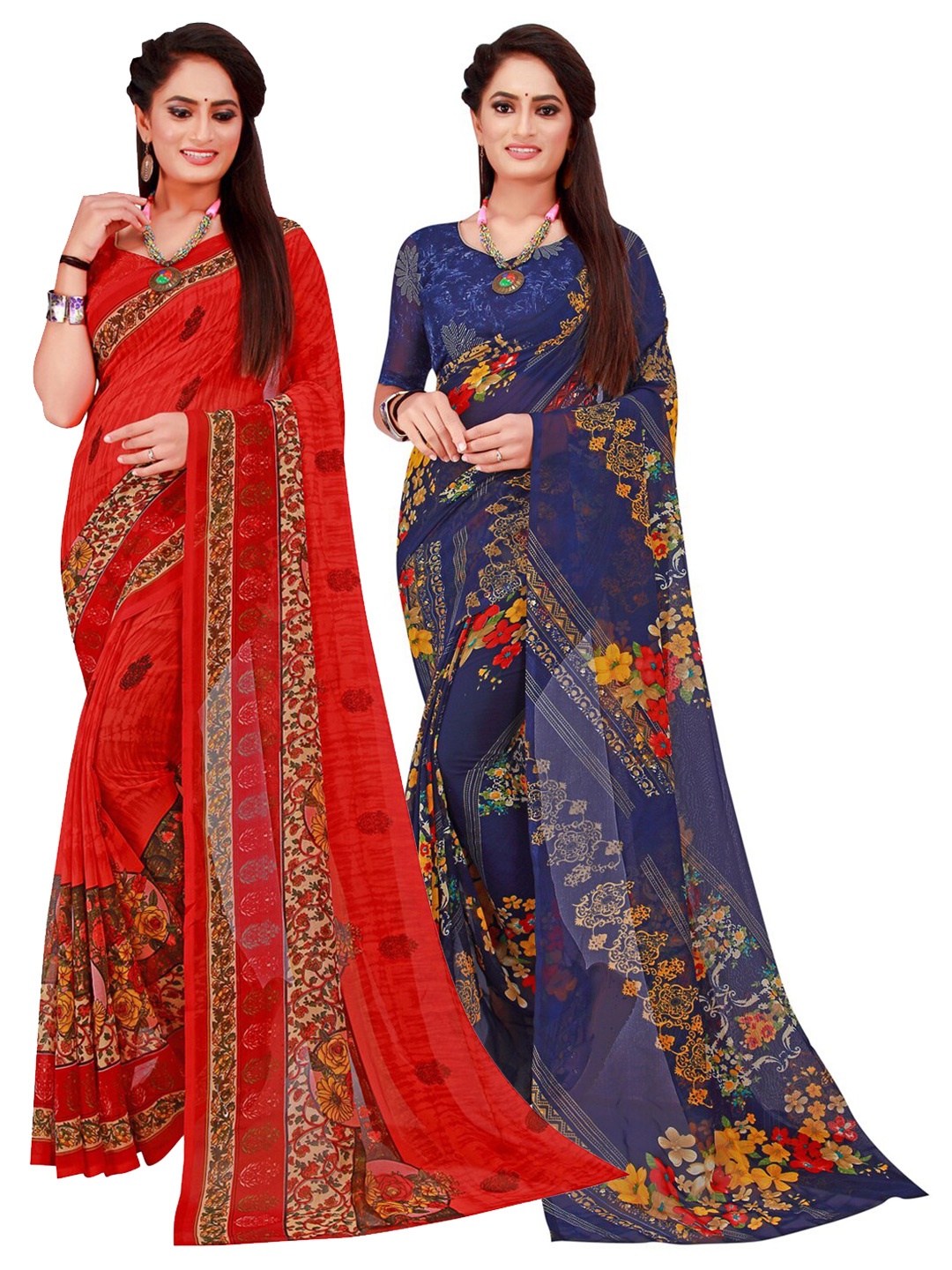 

KALINI Pack Of 2 Red & Blue Floral Pure Georgette Saree