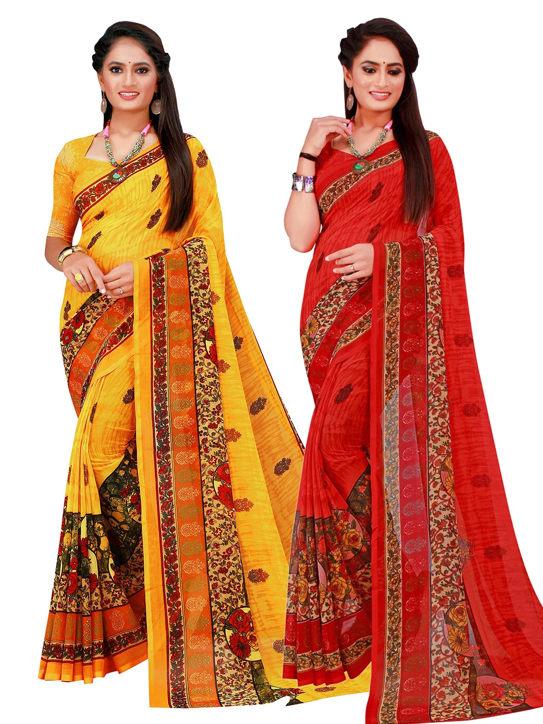 

KALINI Red & Yellow Set Of 2 Floral Pure Georgette Saree