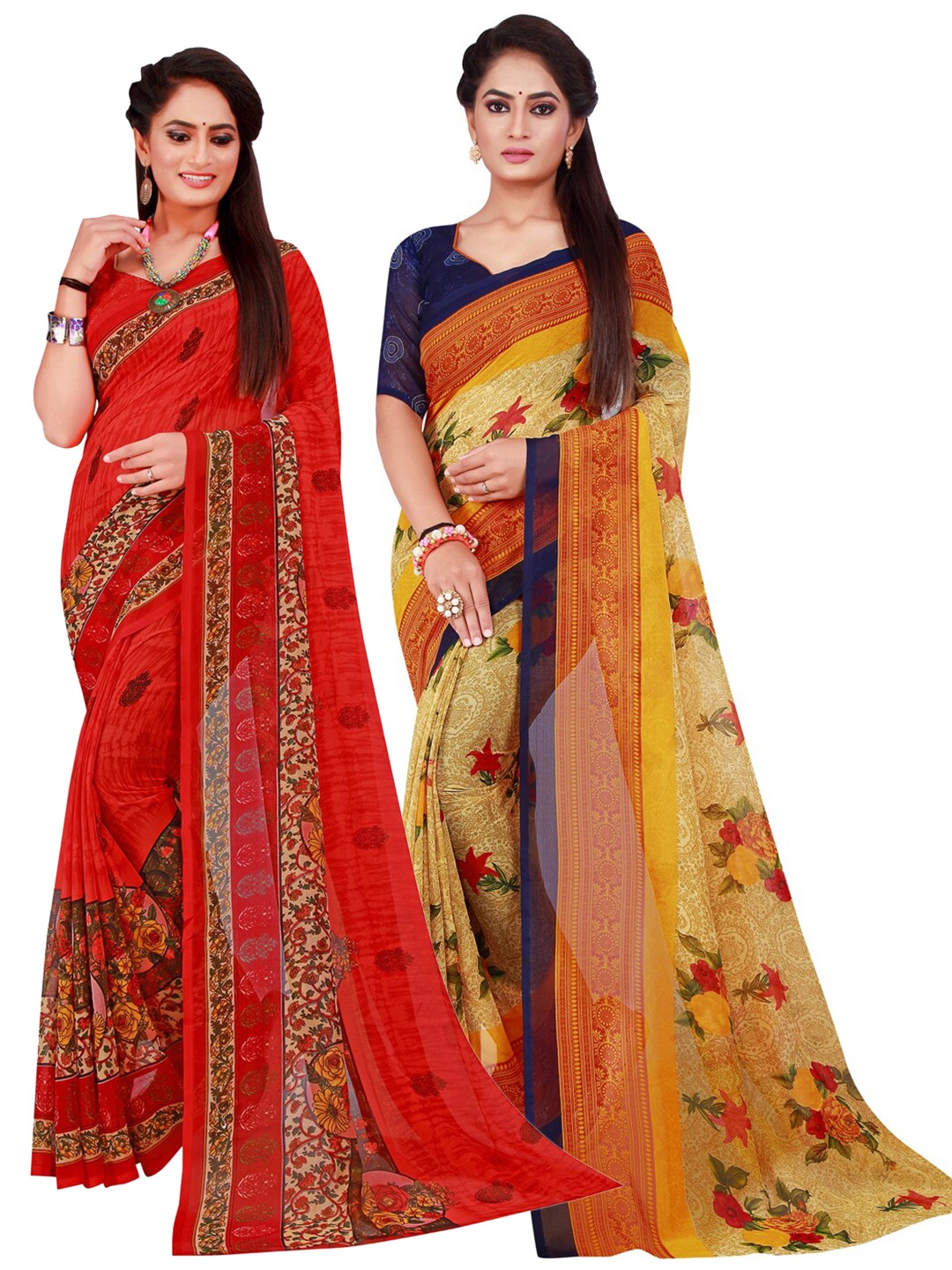 

KALINI Red & Beige Set of 2 Floral Printed Georgette Saree