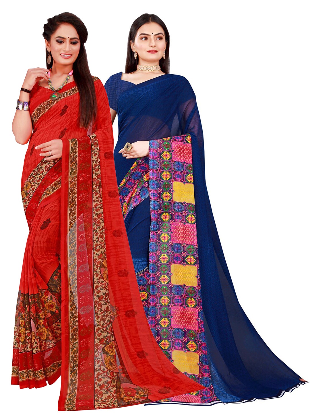 

KALINI Red & Navy Blue Printed Pure Georgette Saree Pack Of 2