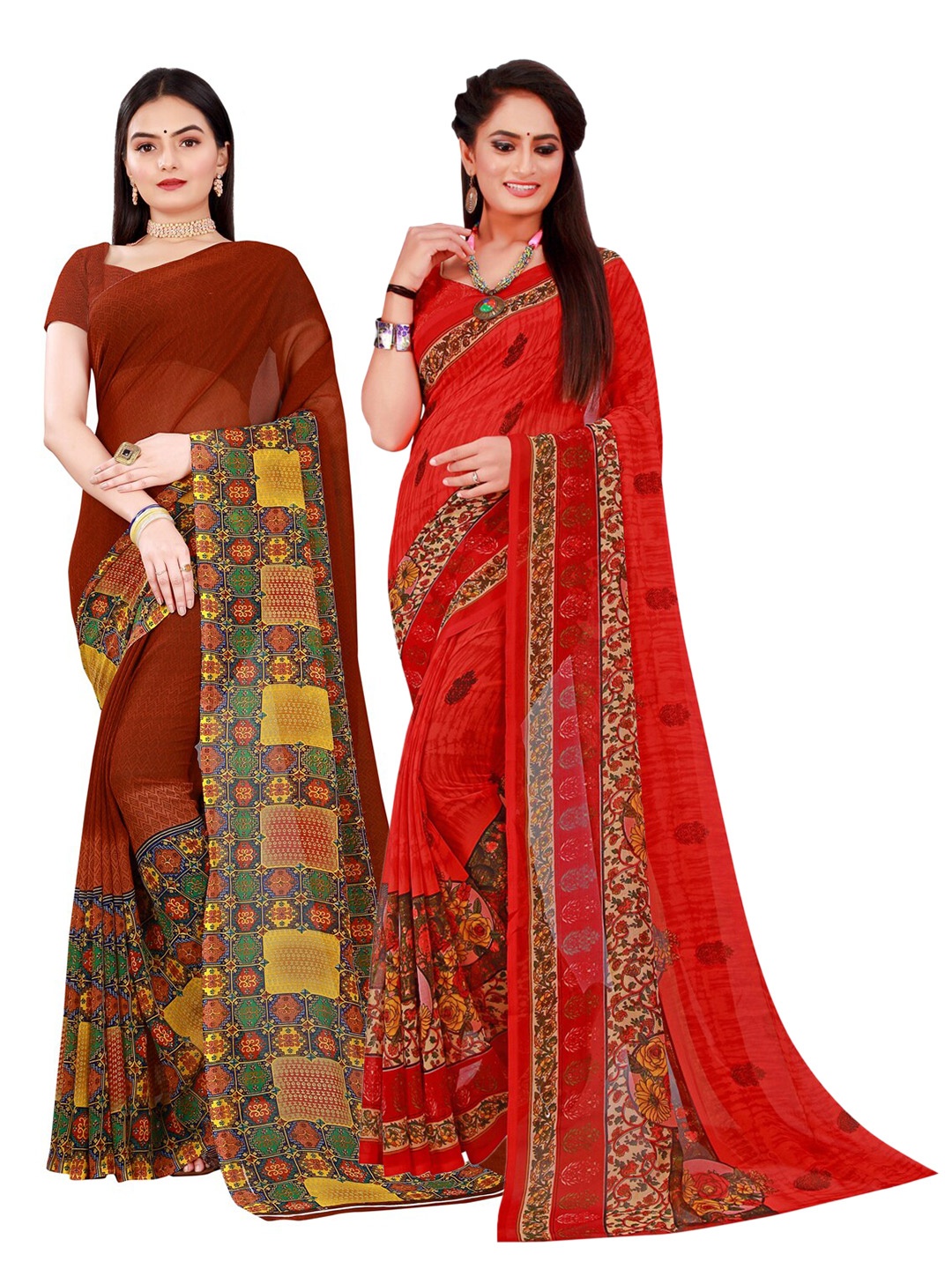 

KALINI Pack Of 2 Red & Yellow Pure Georgette Saree