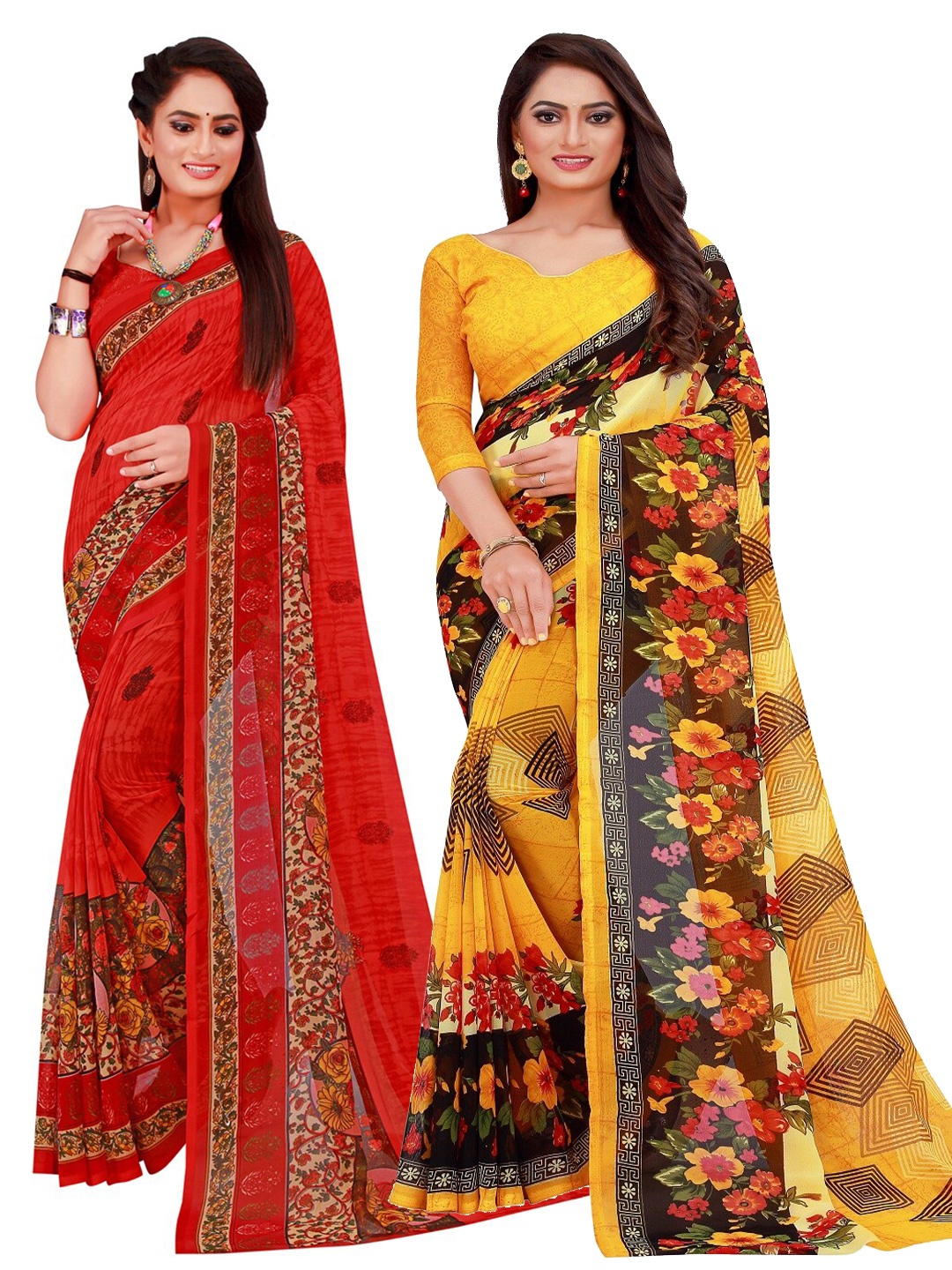 

KALINI Pack of 2 Yellow & Red Floral Pure Georgette Sarees