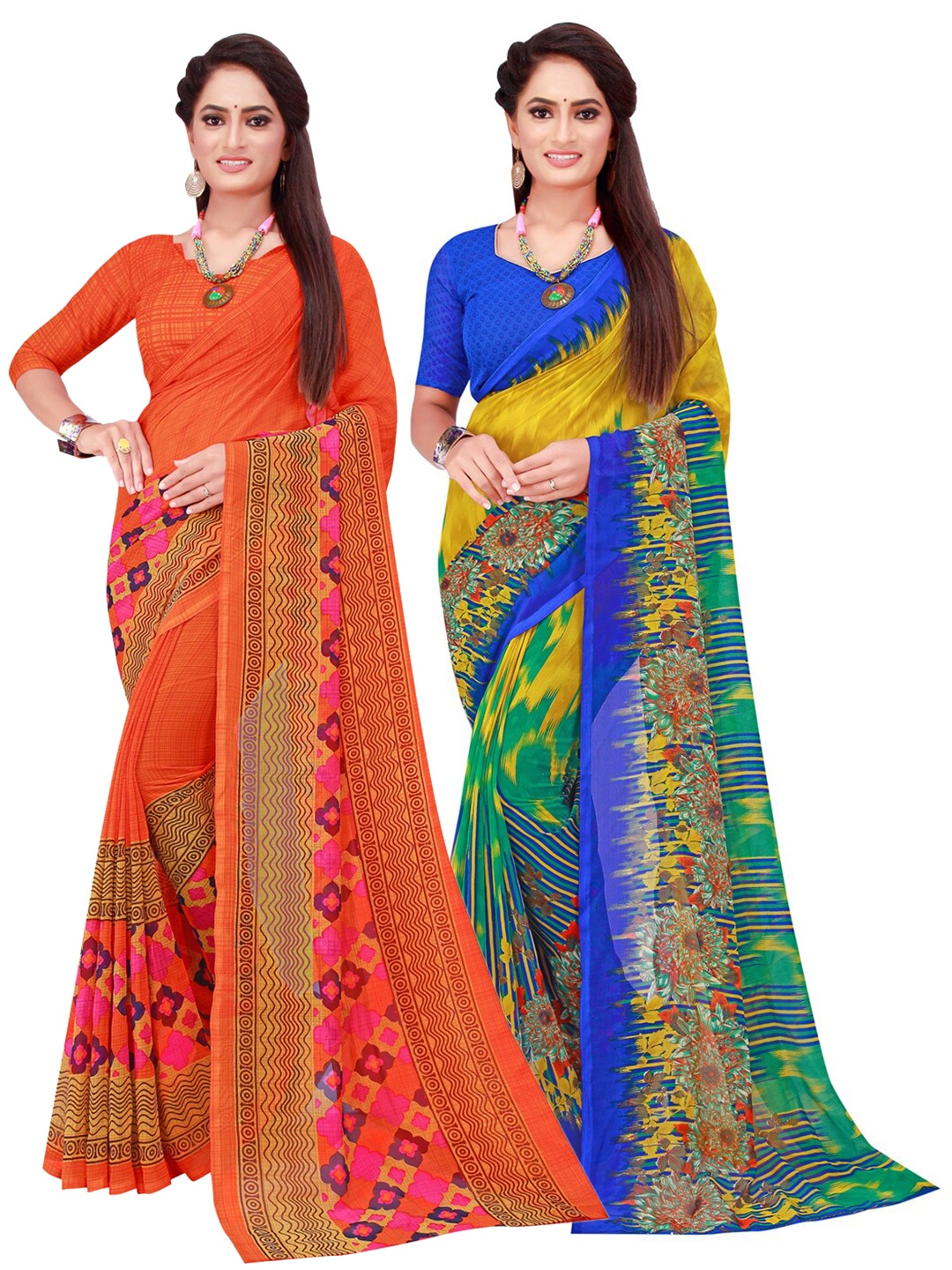 

KALINI Orange & Red Set of 2 Floral Printed Georgette Saree
