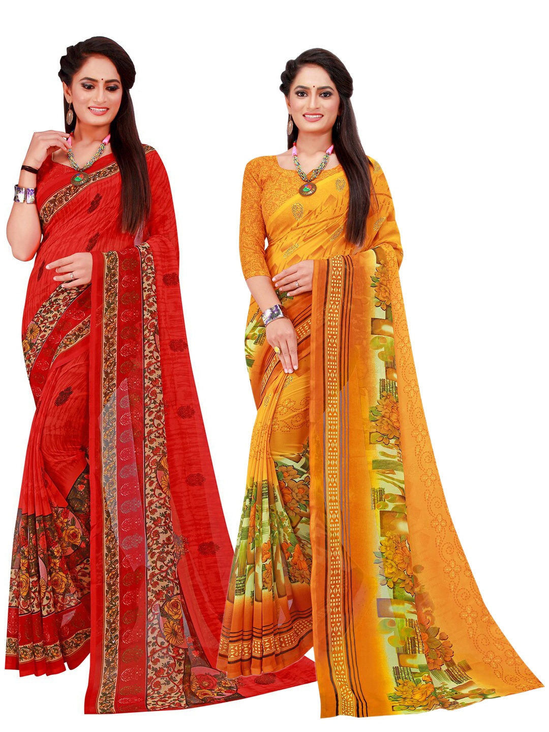 

KALINI Red & Yellow Printed Pure Georgette Saree