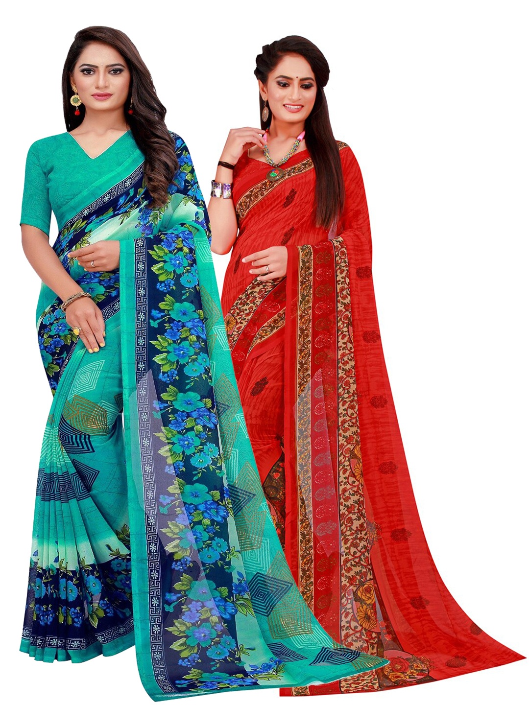 

KALINI Turquoise Blue & Red Floral Printed Pure Georgette Saree Pack Of 2